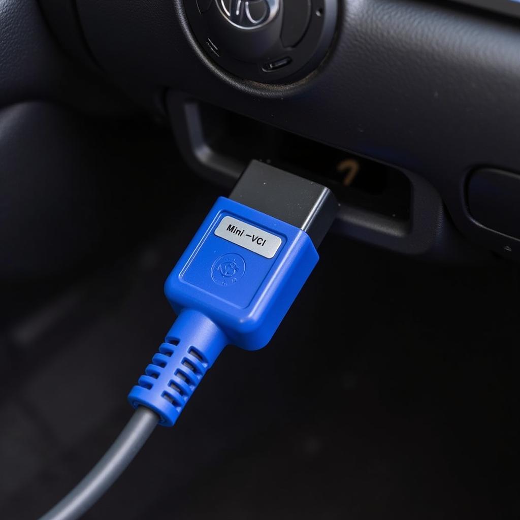 Mini VCI cable connected to a car's OBD2 port