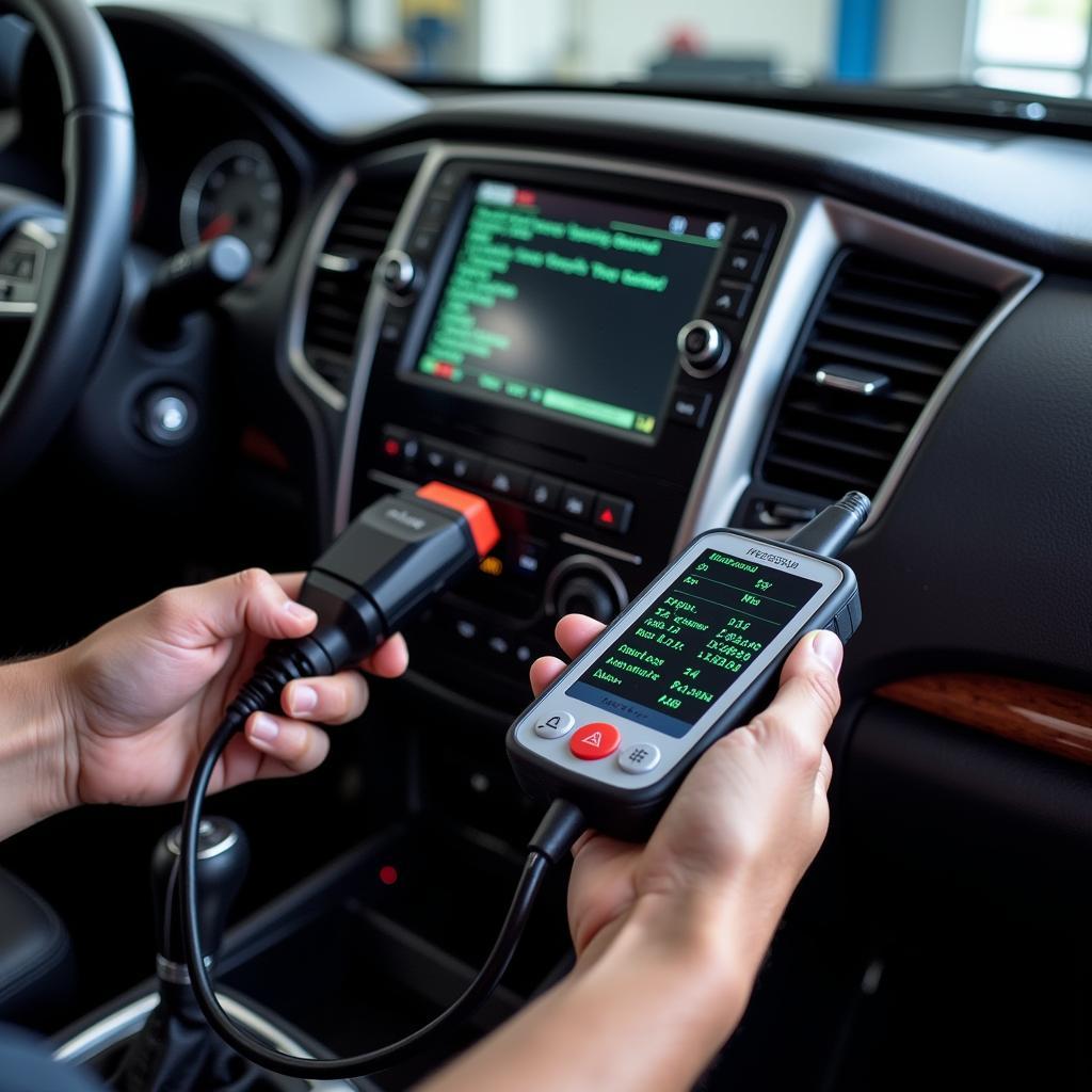 Technician Connecting Modem Diagnostic Tool to OBD-II Port