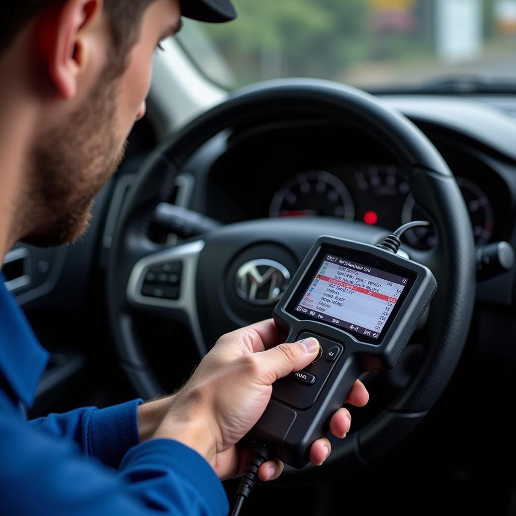 Technician Connecting Modem Diagnostic Tool to OBD-II Port