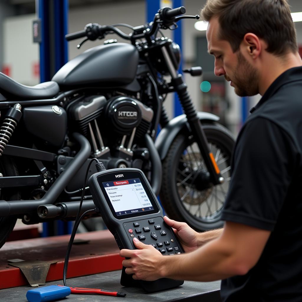 Mechanic Using a Motorcycle Diagnostic Tool