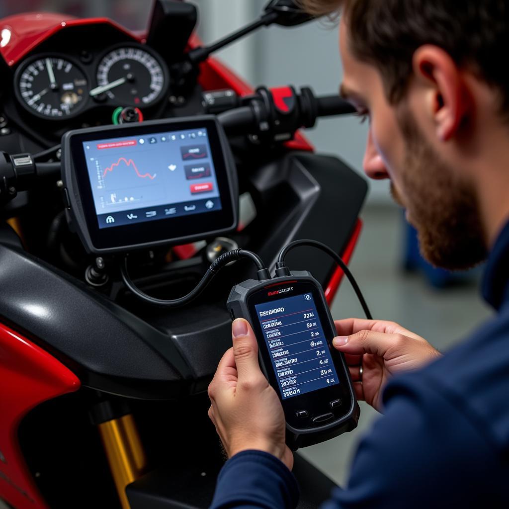 MV Agusta diagnostic tool being used on a motorcycle