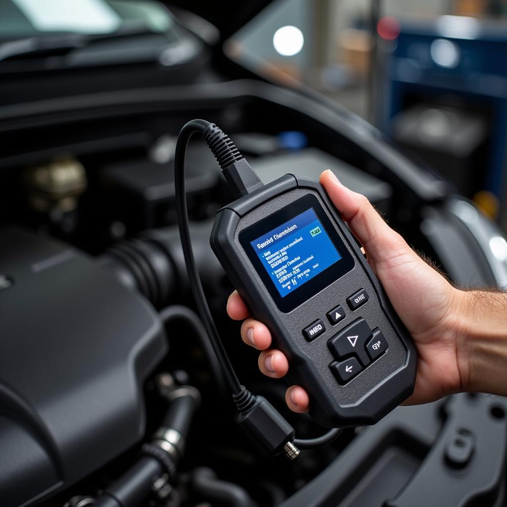 Technician using an OBD-II scanner on a car