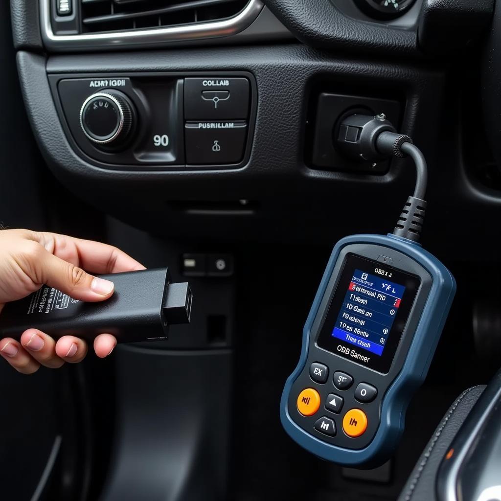 OBD2 scanner plugged into a car's diagnostic port.