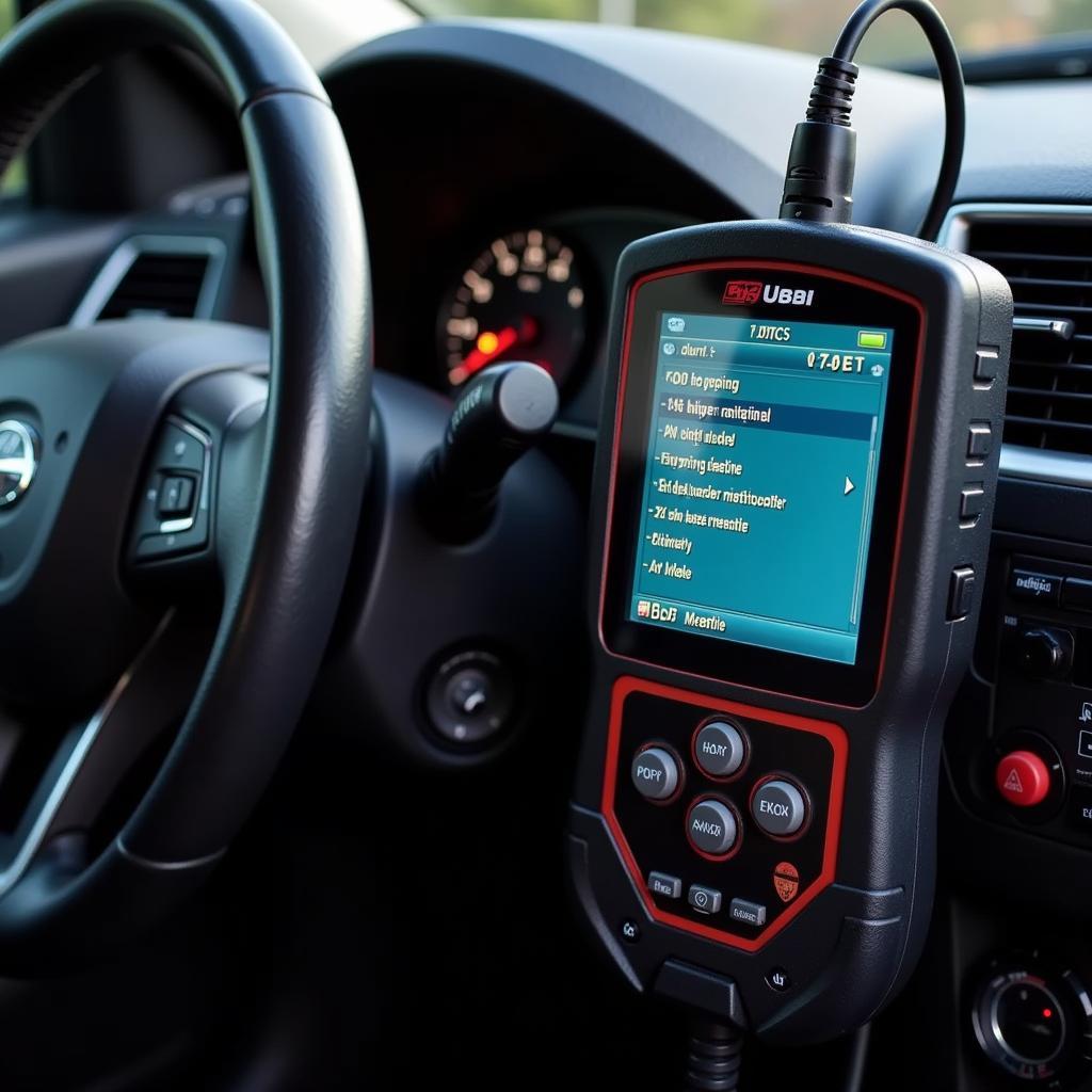 OBD2 scanner displaying diagnostic trouble codes on its screen.