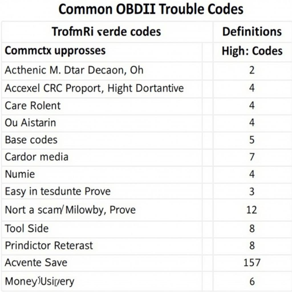 Chart showing common OBD2 trouble codes and their meanings.