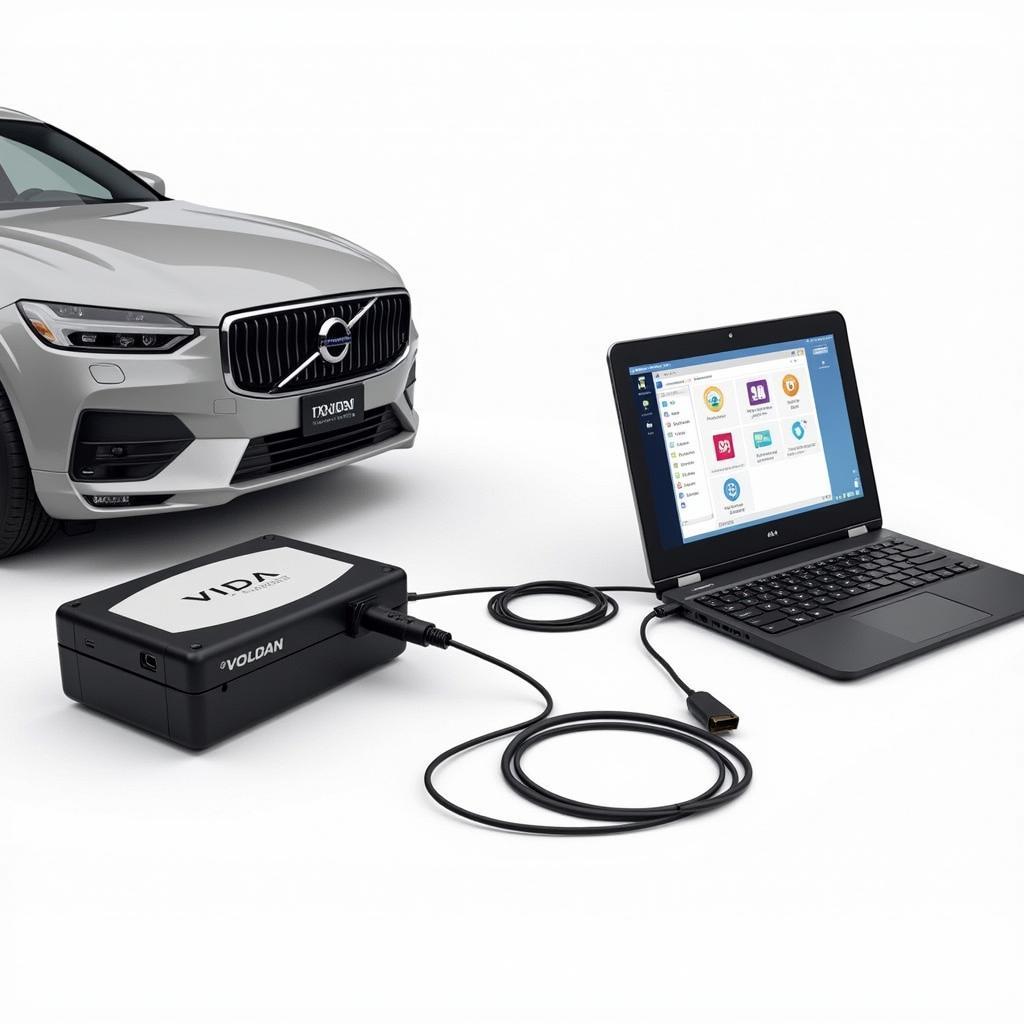 Volvo VIDA DICE Tool Connected to a Car's OBD2 Port