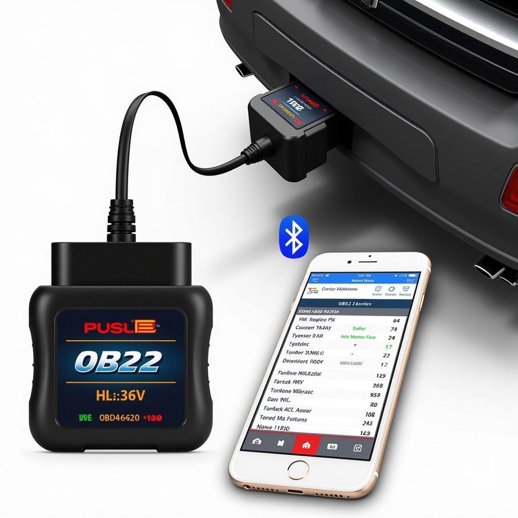 OBD22 scan tool connected to a smartphone via Bluetooth