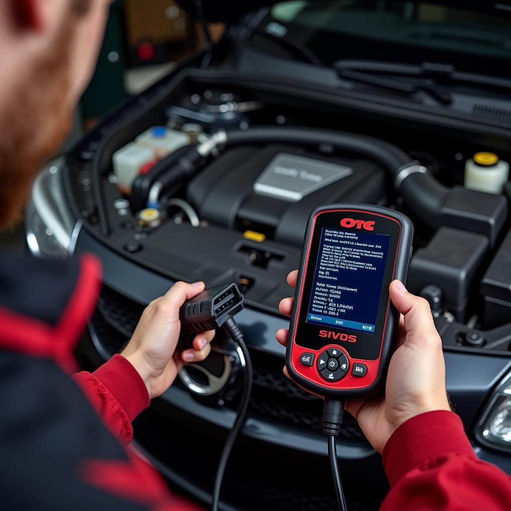 Mechanic using OTC car scanner to diagnose engine issue