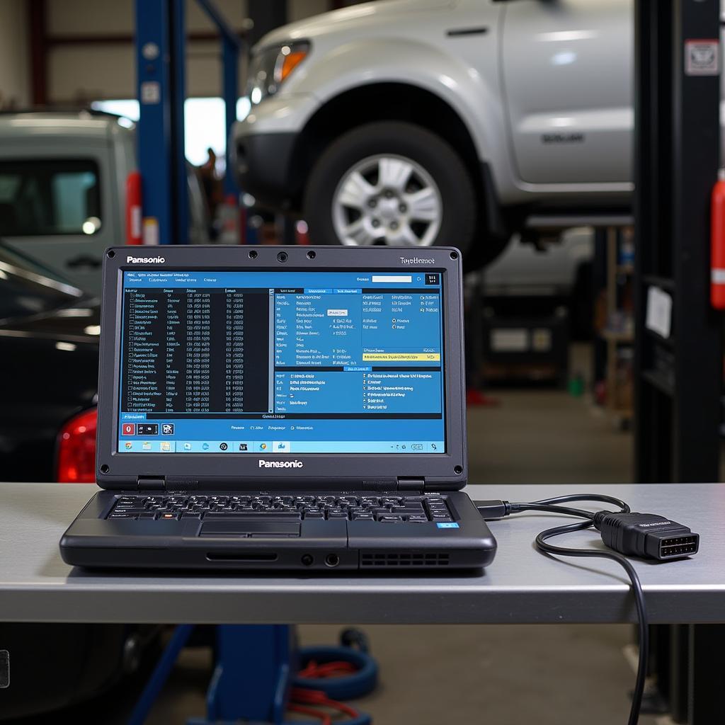 Panasonic Toughbook connected to car's OBD port for diagnostics