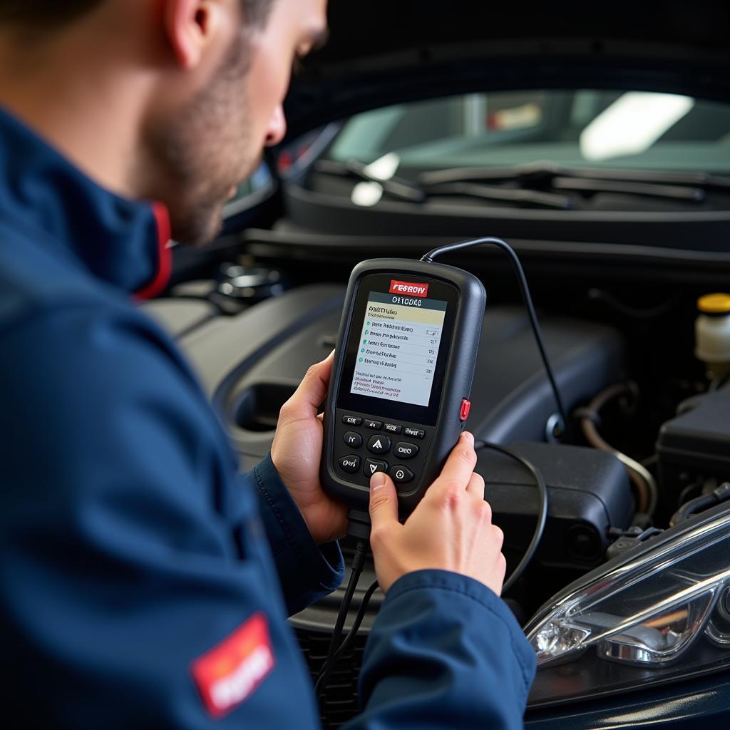 Mechanic Using a Pep Boys Scan Tool to Diagnose a Car Problem