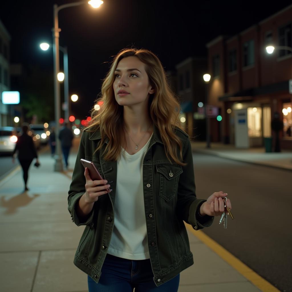 Personal Safety Tips and Awareness: Image depicting a person walking confidently down a well-lit street at night, holding a phone and keys, demonstrating awareness and preparedness.