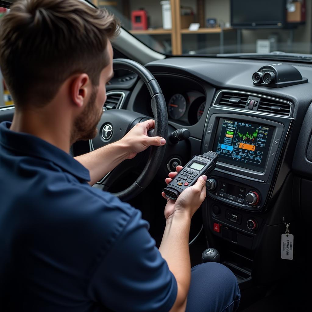 Mechanic using a portable hardware diagnostic tool to diagnose a car engine problem