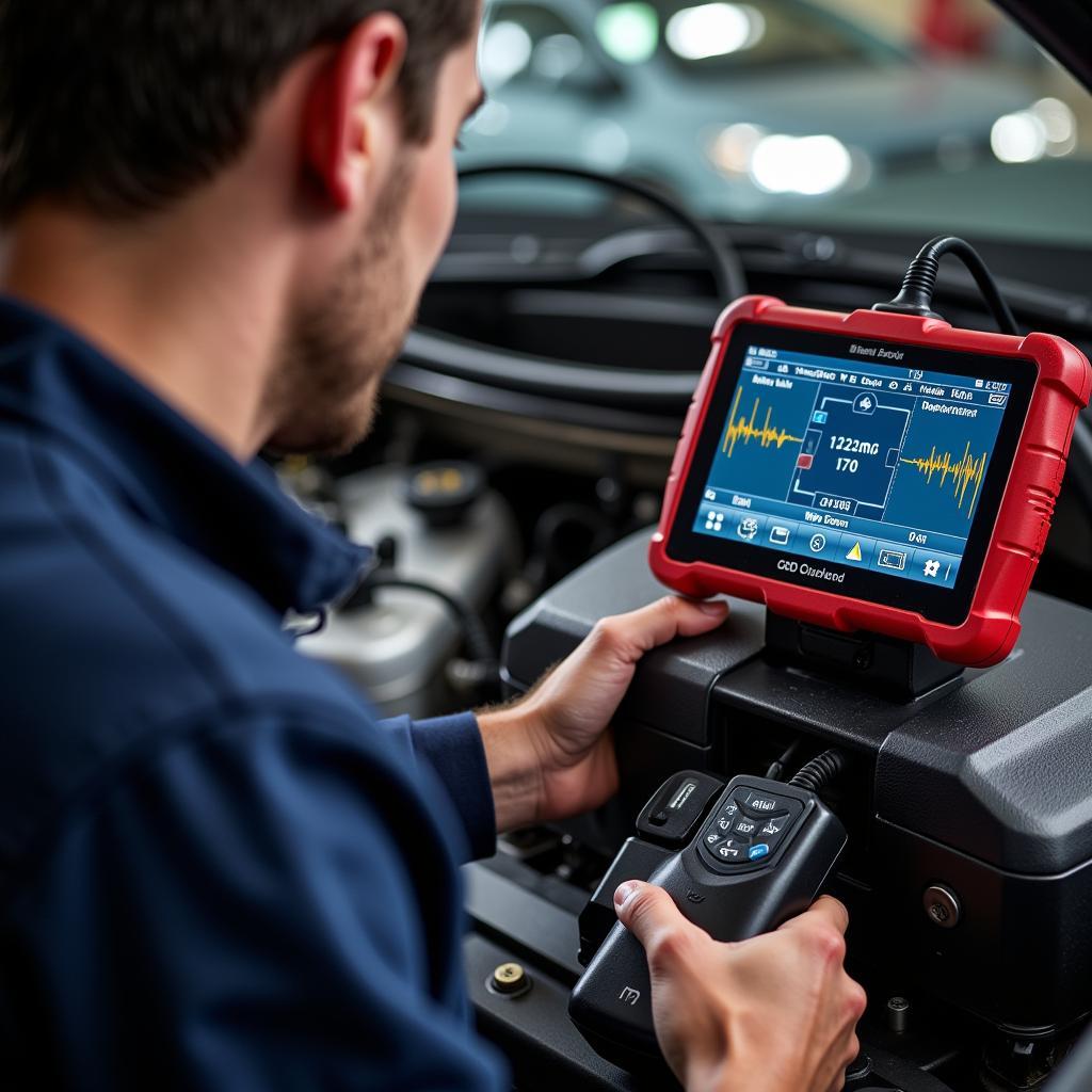 Mechanic using a professional automotive scan tool to diagnose a car problem