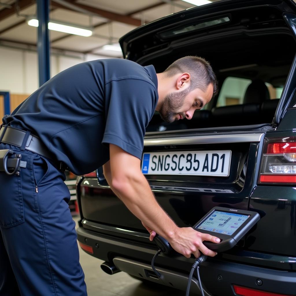 Mechanic Using a Diagnostic Tool on a Range Rover