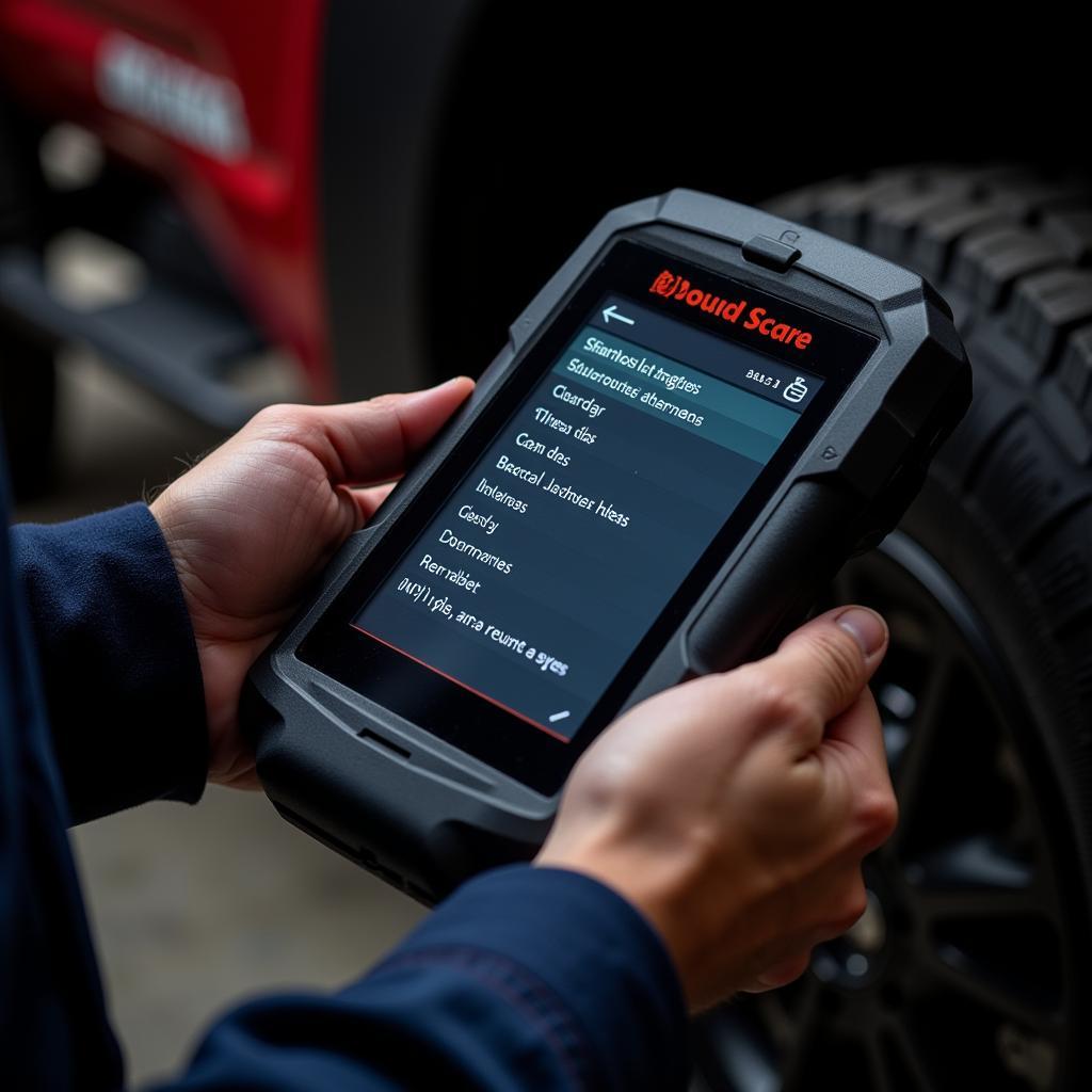 Mechanic reading diagnostic trouble codes from an off-road scan tool