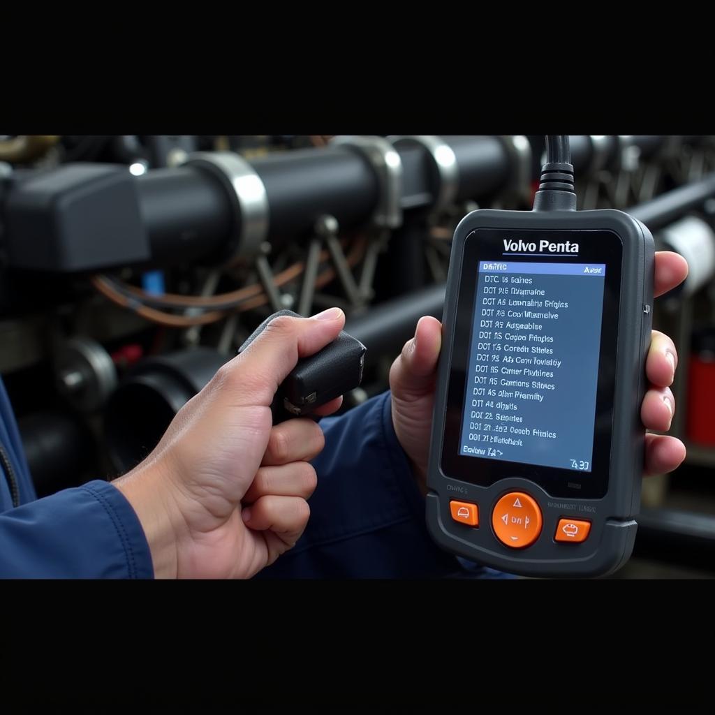 Mechanic reading Diagnostic Trouble Codes (DTCs) from a Volvo Penta engine using a scan tool.