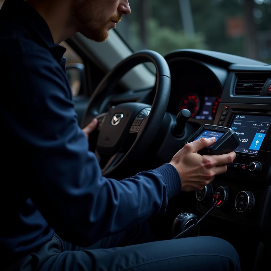 Mechanic Reading OBD-II Scanner in a Car