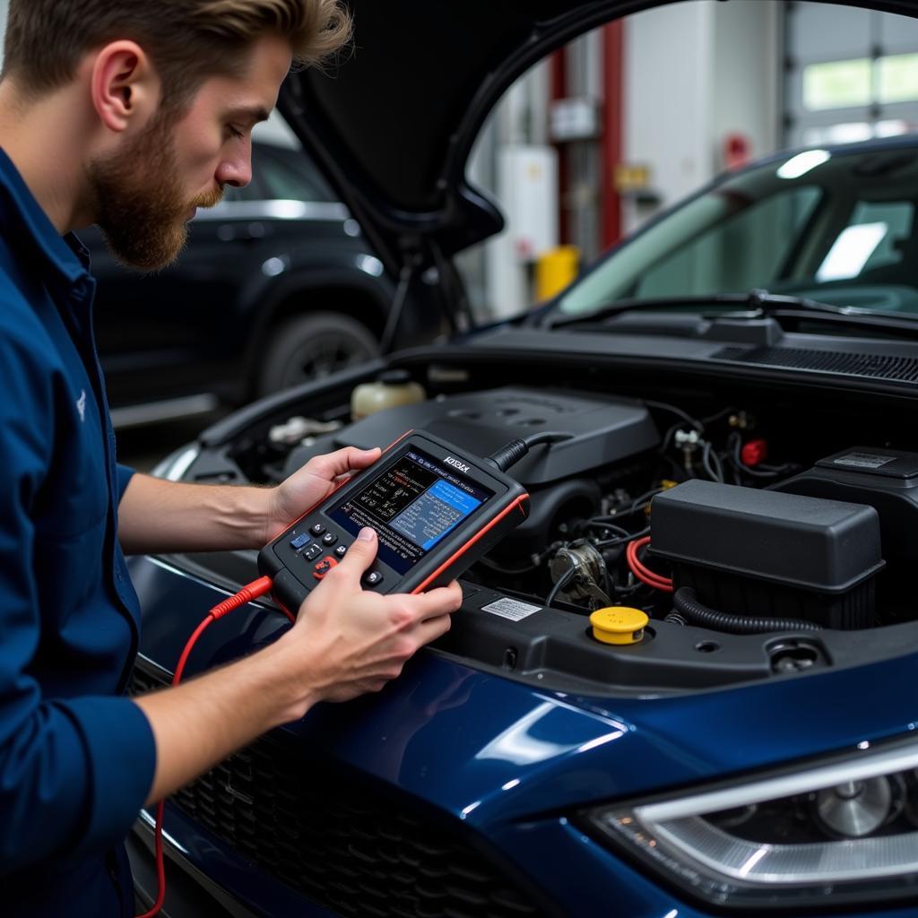 Mechanic using a scan OST tool to diagnose car problems