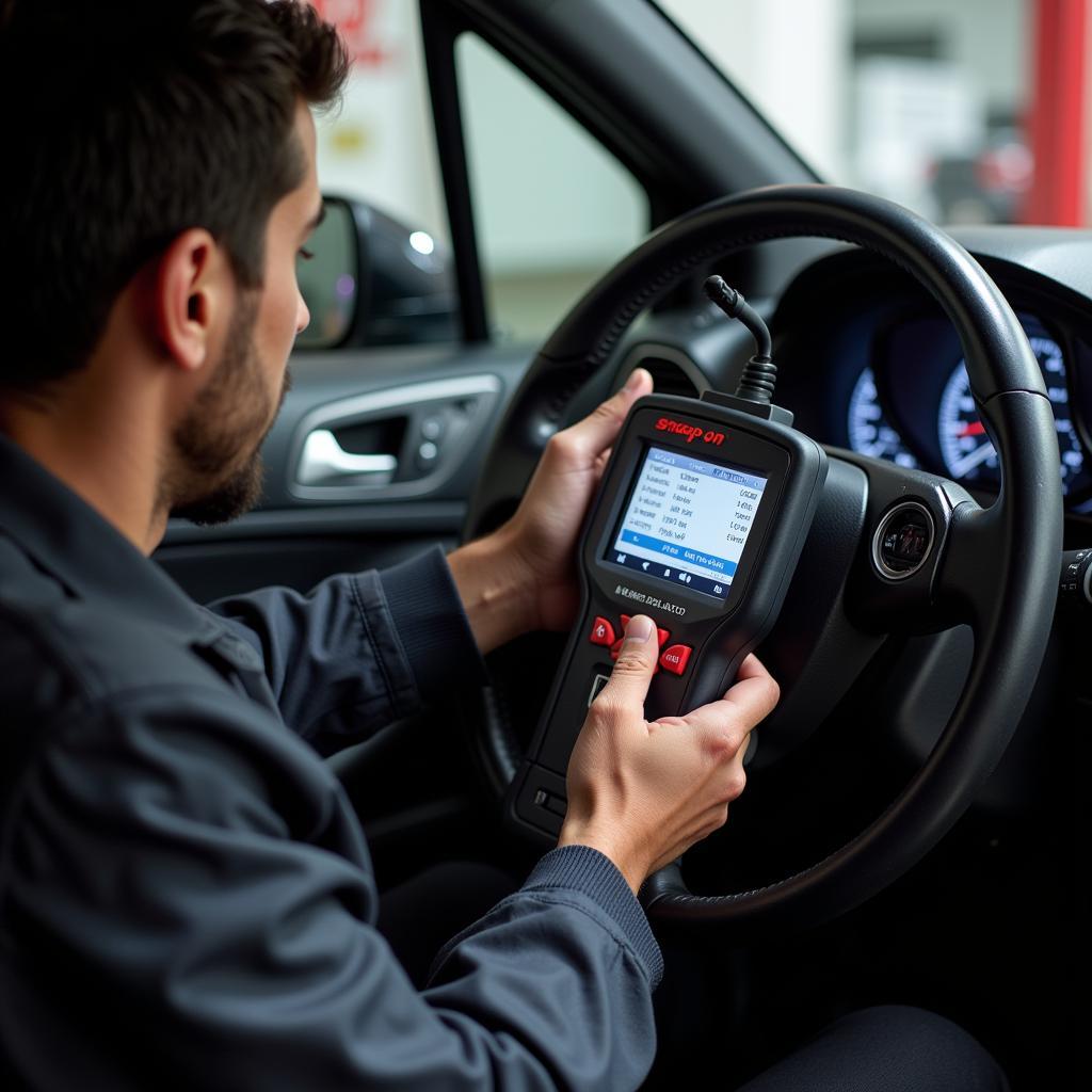 Technician Using a Snap-on Bi-Directional Scan Tool to Diagnose a Vehicle