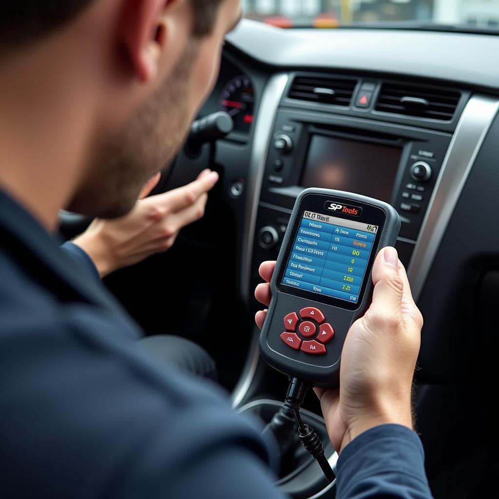 Mechanic using SP Tools OBD scan tool to diagnose car problems