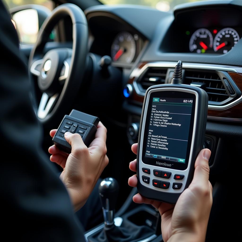 Automotive Technician Using a System Scanning Tool to Diagnose a Vehicle