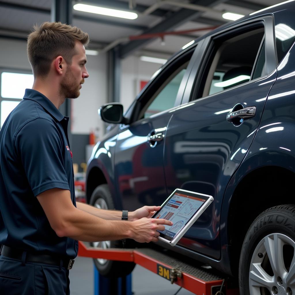 Technician Using Agile Diagnostic Tool to Diagnose Car Problem