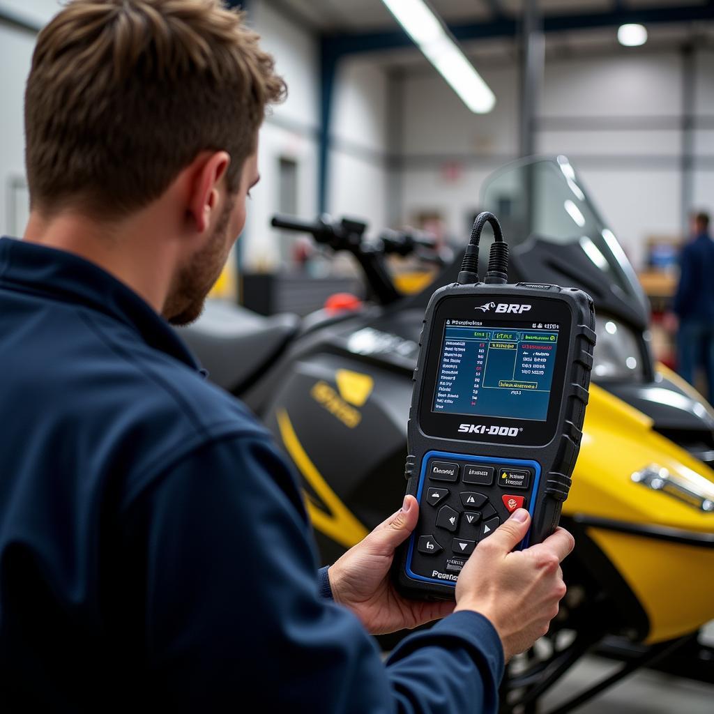 Technician Using BRP Scan Tool in Workshop