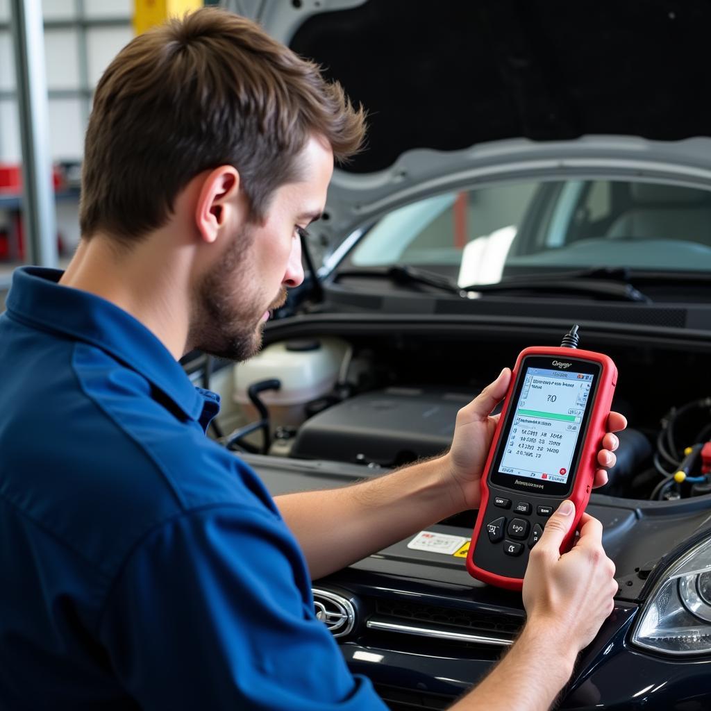 Technician Diagnosing a Car with a Debug Tool