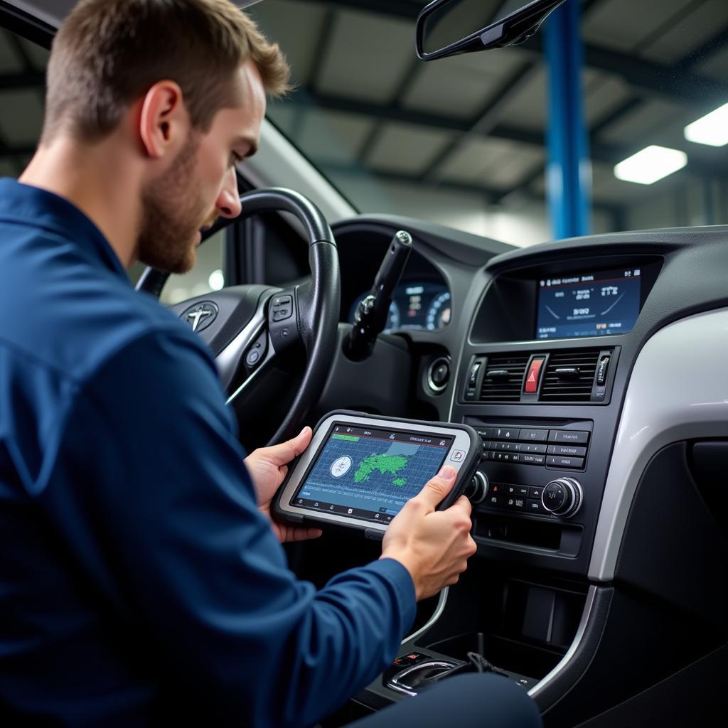 Automotive Technician Using a Diagnostic Tool