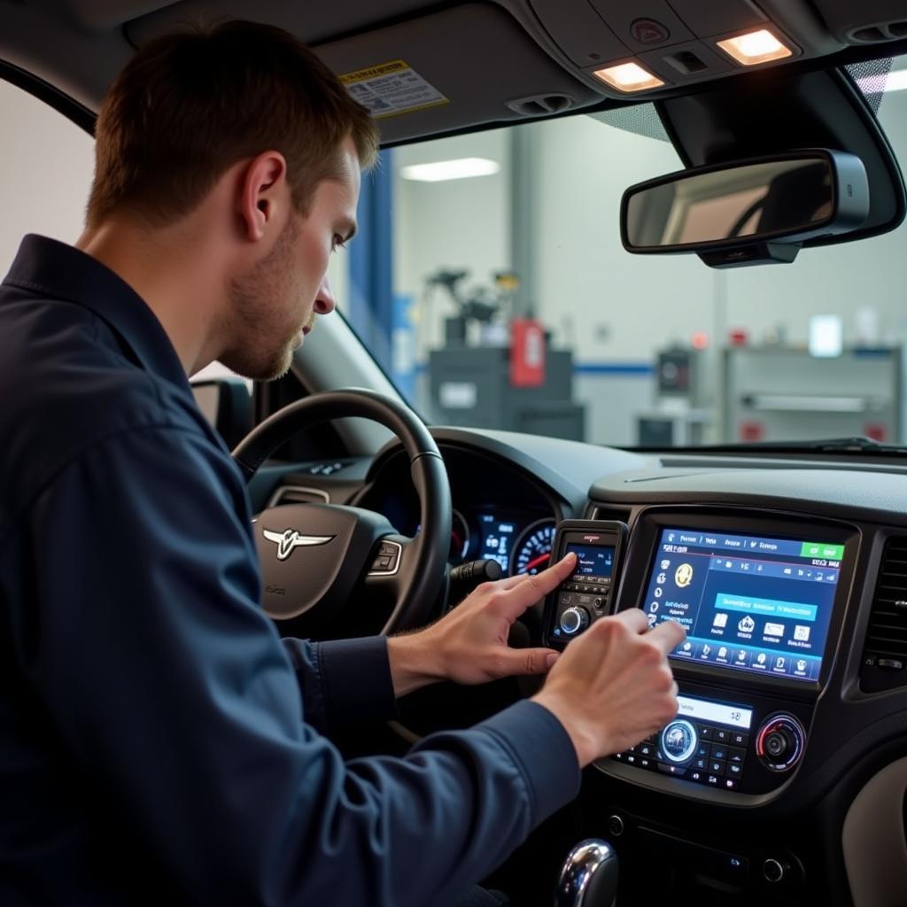 Automotive technician using a DRBIII scan tool on a Chrysler Crossfire