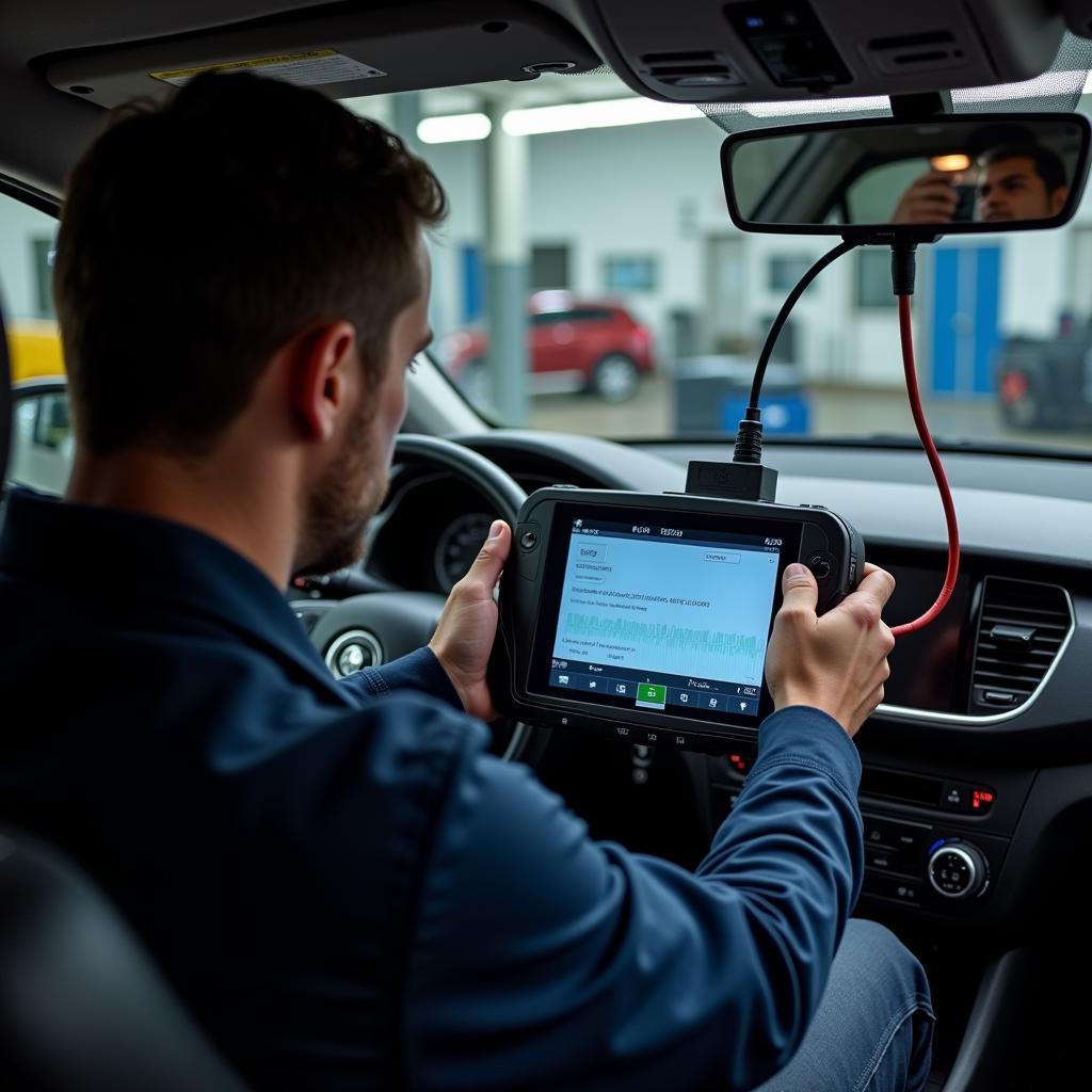 Technician using a network diagnostic tool