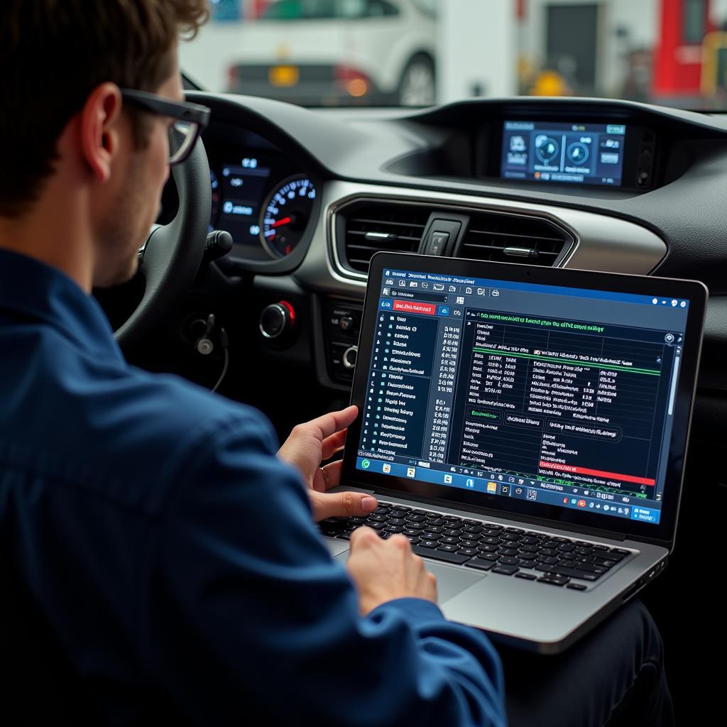 Technician using Toyota diagnostic software on a laptop connected to a car