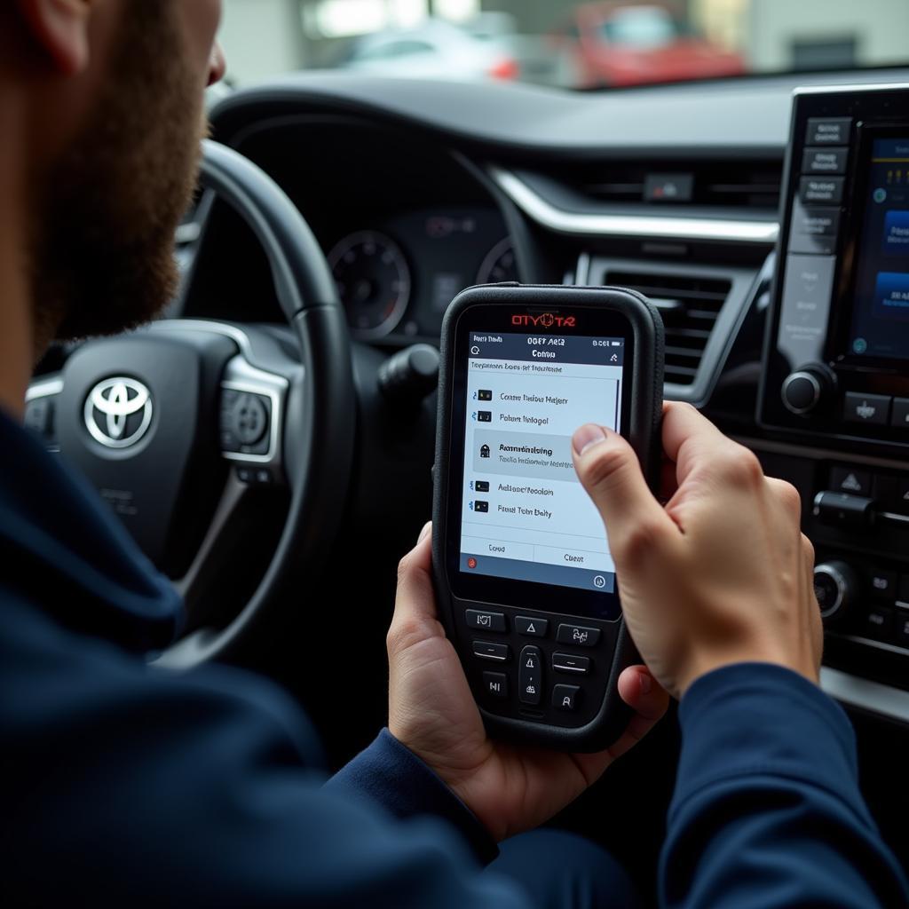 Toyota Technician Using Pro Scan Tool for Diagnostics