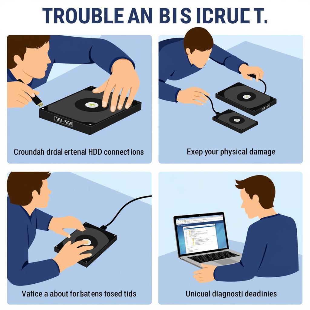 A technician troubleshooting common external HDD issues, checking connections, and using diagnostic software.