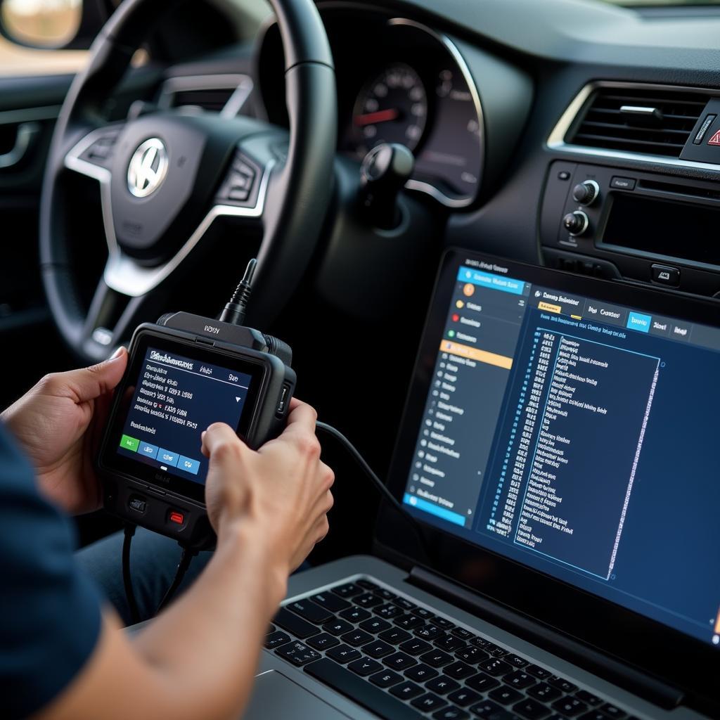 Technician using a USB startup diagnostics tool on a car