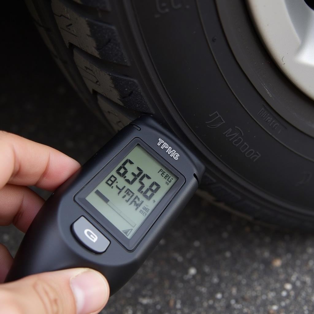 A person using a TPMS scan tool on a car tire