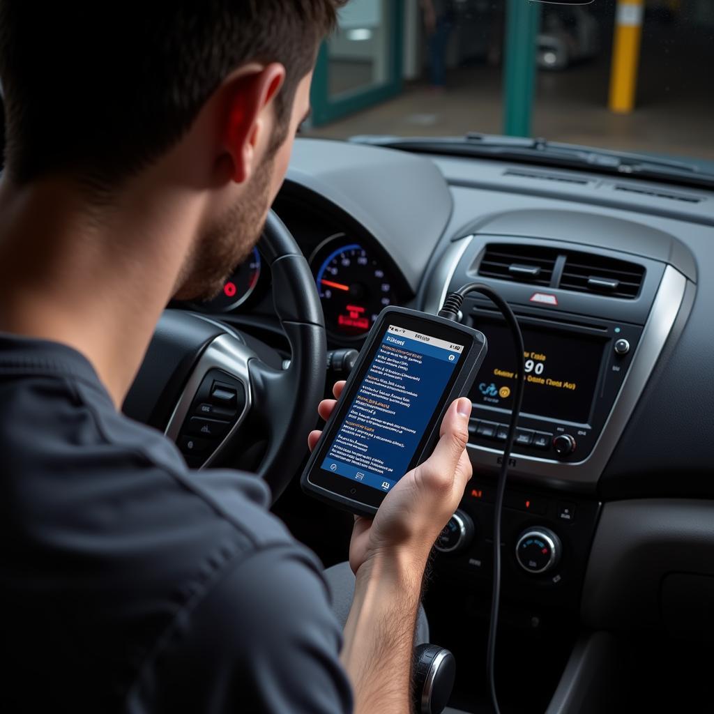 Technician Using a Code Scanning Tool for Automotive Diagnostics