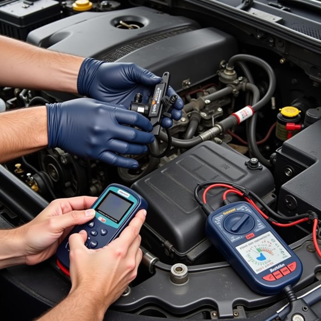 Vehicle diagnostic test tools being used by a mechanic on a car engine.