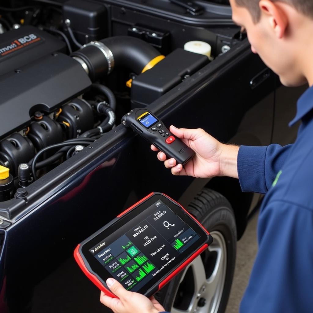 Mechanic using a wireless diagnostic tool on a car engine