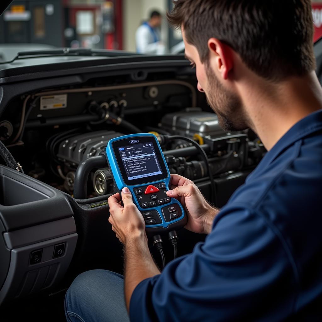 2013 Ford F350 Scan Tool Diagnostics: A technician using a scan tool to diagnose a problem on a 2013 Ford F350 truck.