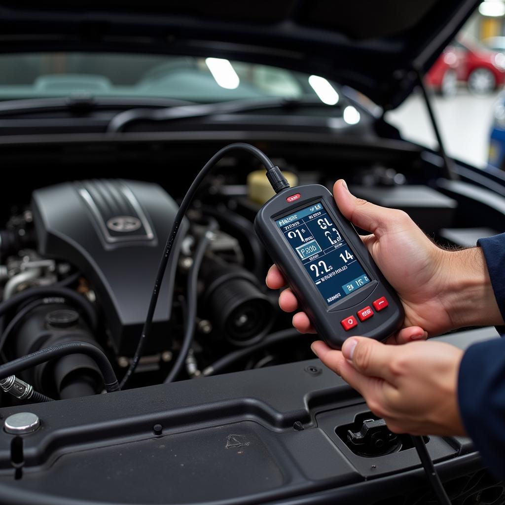 Technician using an A/C compressor diagnostic tool to troubleshoot a car's air conditioning system