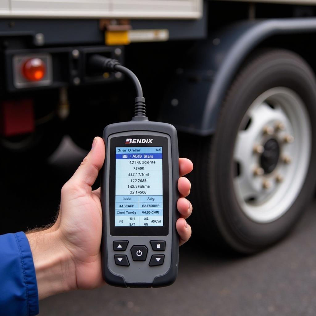 Technician using a Bendix ABS trailer diagnostic tool to troubleshoot a trailer's braking system.