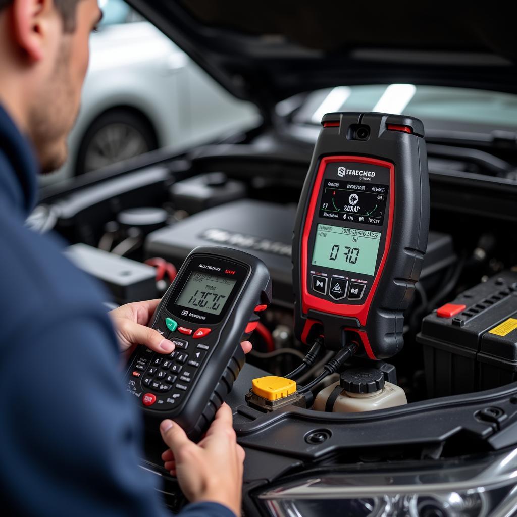 Car Battery Diagnostic Tool in Use