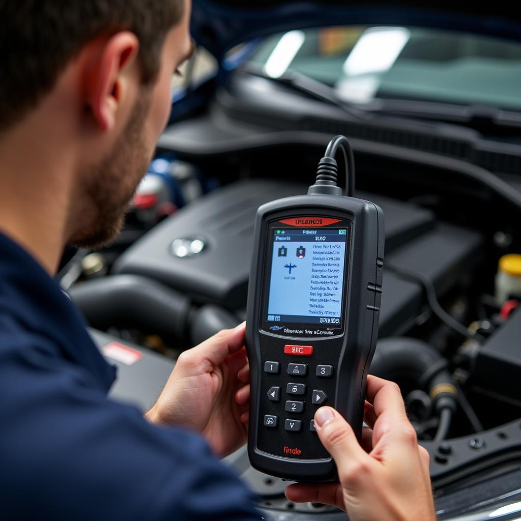 Mechanic Using a Car Diagnostic Scan Tool to Diagnose a Vehicle Problem