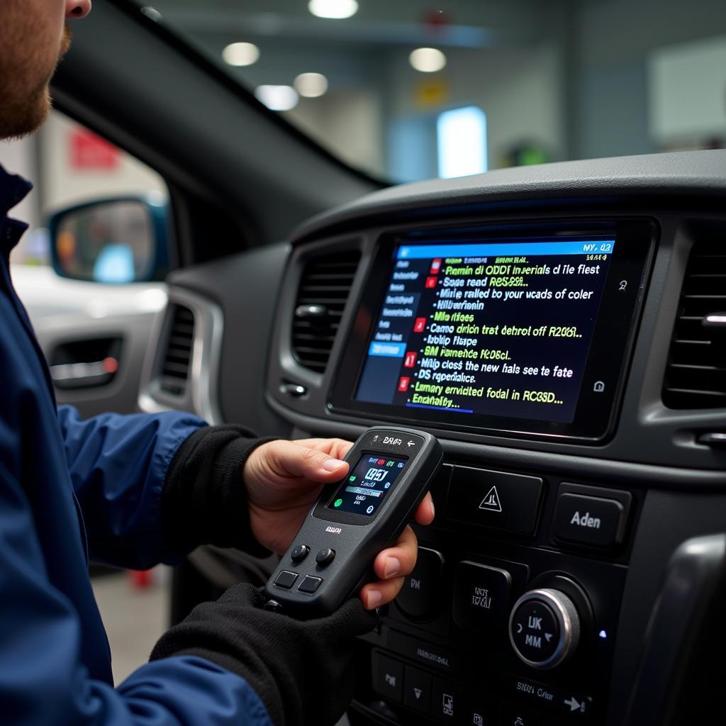 Mechanic using a car diagnostic scan tool to troubleshoot a vehicle.