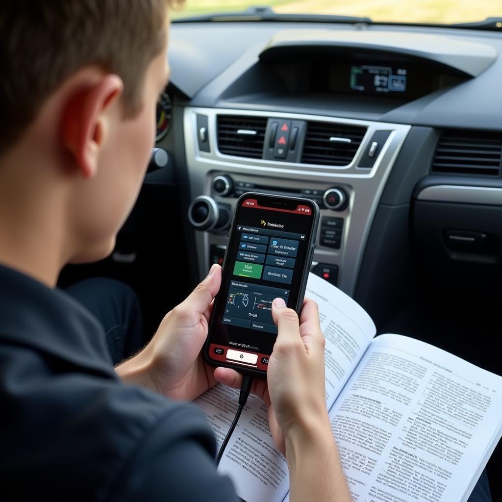 A person using a car diagnostic tool on their phone, saving money on repairs by diagnosing the problem themselves.