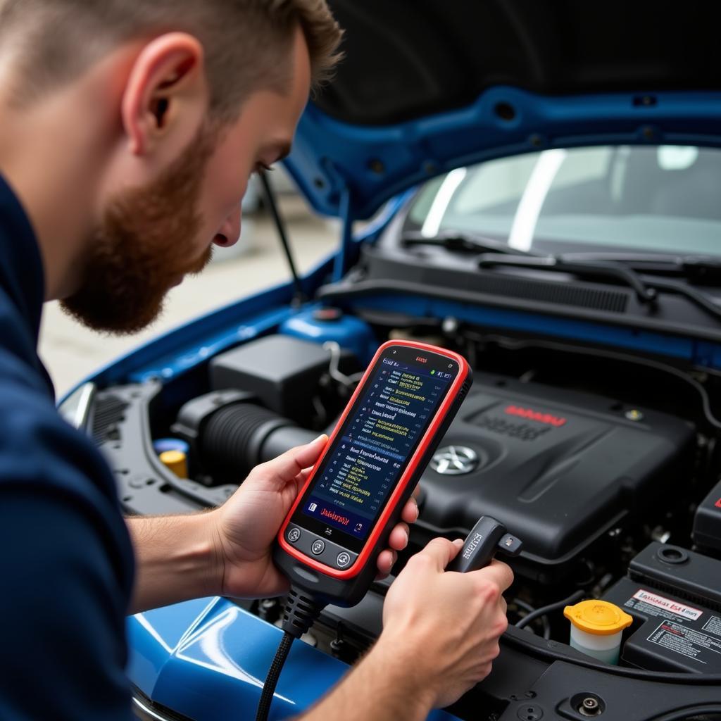 Mechanic using a Daihatsu diagnostic tool on a car