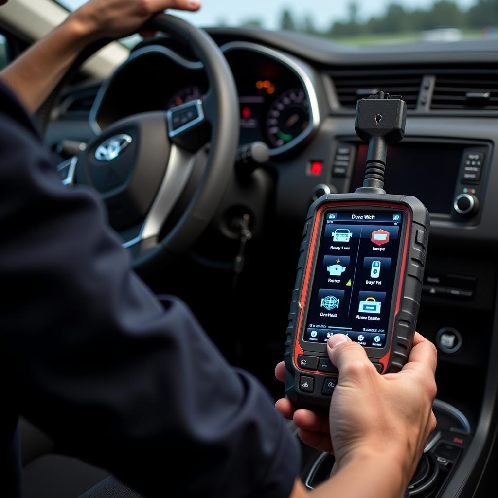 Mechanic using a diagnostic scan tool on a car