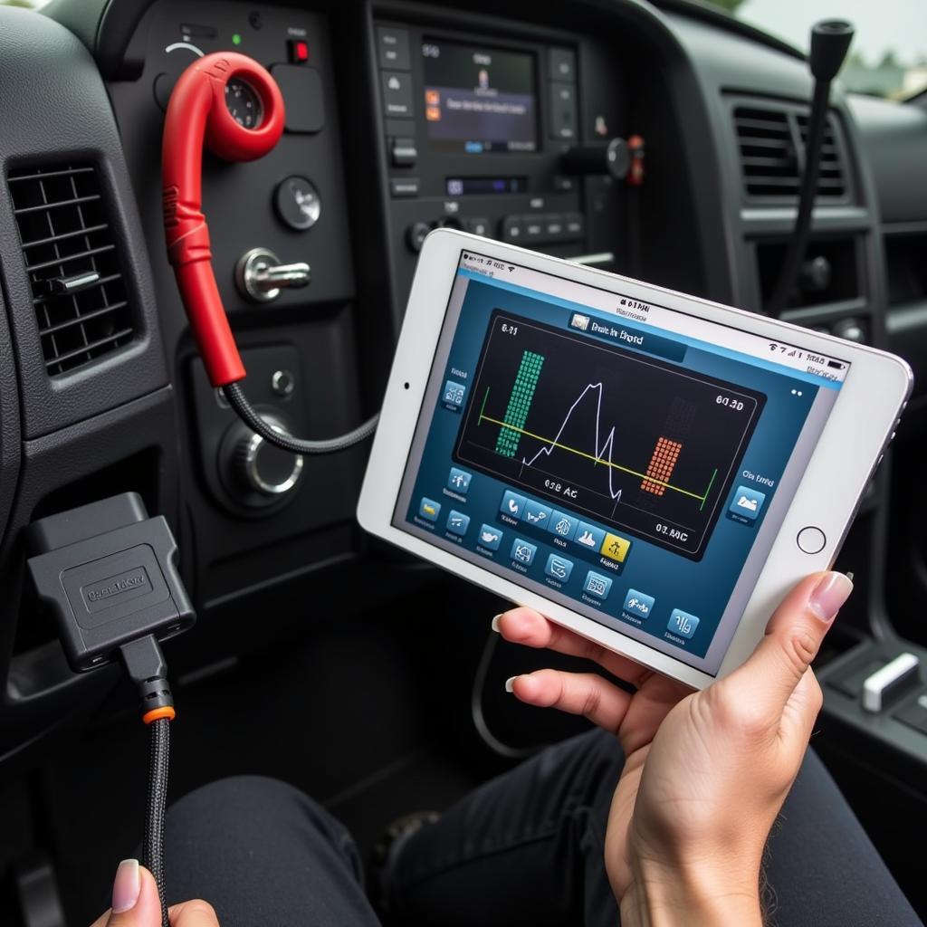 iPad Connected to OBD-II Port in a Diesel Truck