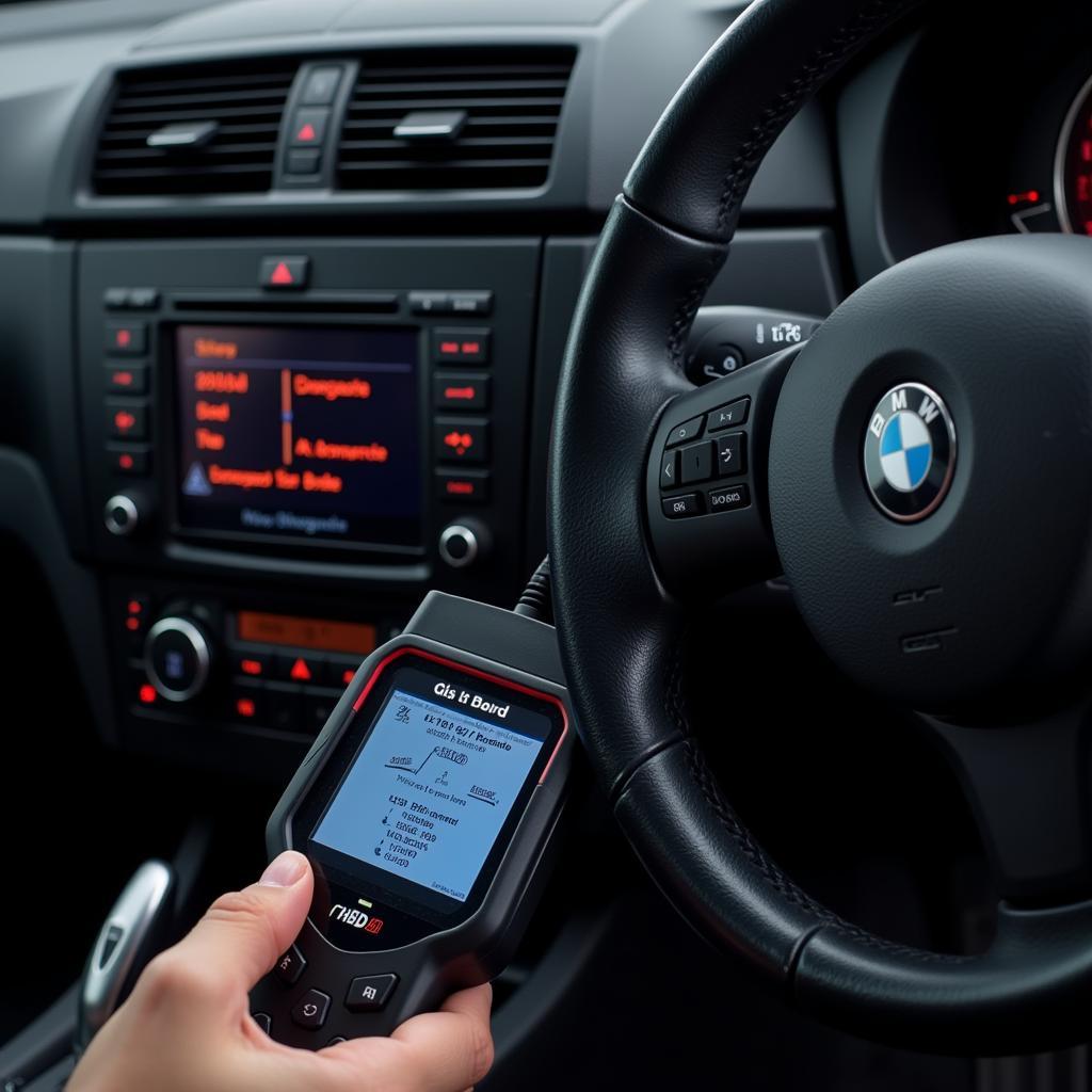 BMW E90 diagnostic tool plugged into the OBD-II port